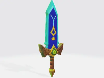 A fantasy sword with a blue and yellow hilt 3D model