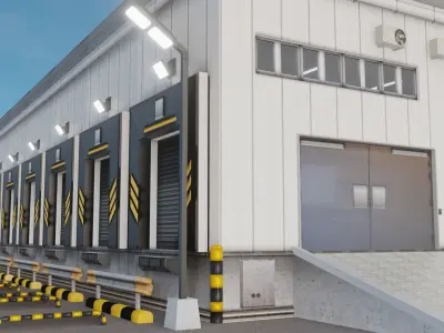 Warehause commercial building in middle of street 3D model