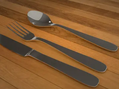 3D Spoon Set of silverware on wooden table 3D model