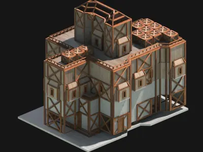 Medieval Low Poly Building Castle Wooden Village Stone House 14 Low-poly 3D model