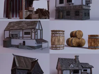 low poly medieval buildings Low-poly 3D model