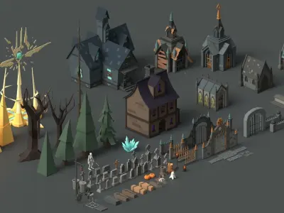 Low Poly Fantasy Scary Creepy Dark Halloween Asset Pack Low-poly 3D model