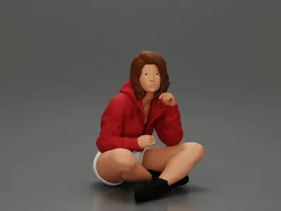Pretty Girl with an Umbrella in Jacket and Shorts Sitting 3D print model