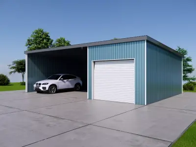 Modern Double Garage with Carport-Metal Shed Storage Building 3D model
