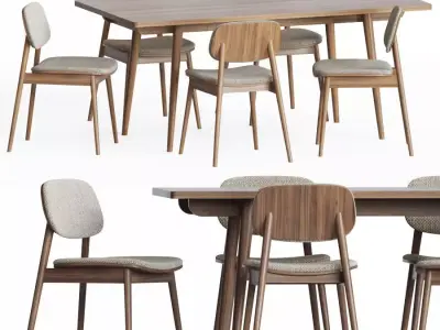 Dining Set two chairs with wooden legs and upholstered seats 3D model