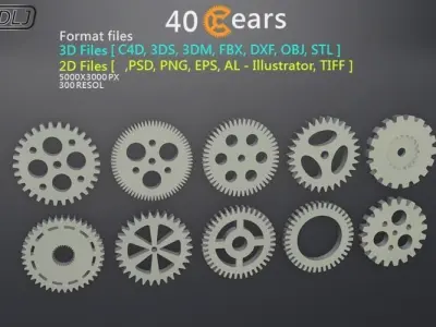 40 Gears 3D-2D Format files Low-poly 3D model