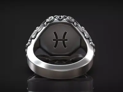 Pisces Zodiac Sign Ring Antique Relief Fish Signet 3D print model