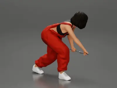 Girl mechanic in overalls removing the wheel car 3D print model