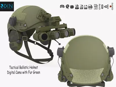 Tactical Ballistic Helmet Digital Camo with Fur Green 3D model