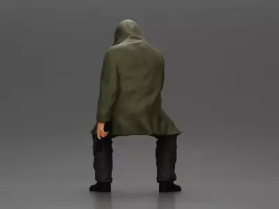 Man in hooded jacket sits alone holding gun feeling troubled 3D print model