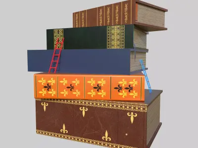 Fantasy Book Stack Display with Ladders Low-poly 3D model