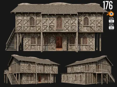 4 Old Medieval Houses Pack 4K Textures GameReady 173 to 176 Low-poly 3D model