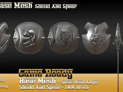 70 Base Mesh Vol 2 Sheild and Spear Game Ready Low-poly 3D model