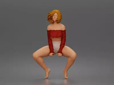 Playful dancer squatting low in offshoulder crop top and shorts 3D print model