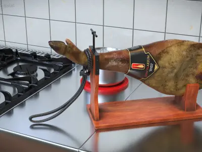 Iberico Ham Leg on Wooden Carving Stand 3D model