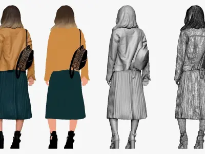 001233 woman in long green dress and yellow jacket 3D model