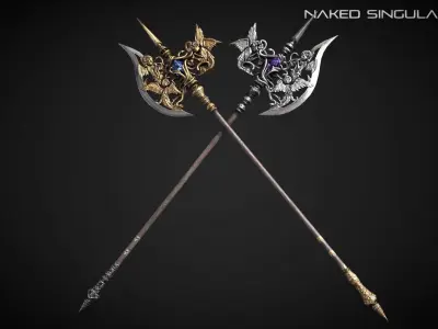 Tri angel halberd Medieval dark fantasy Low-poly 3D model