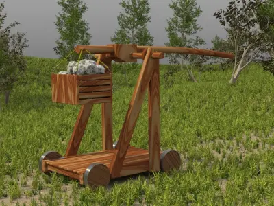 Trebuchet wooden wheelbarrow in middle of field 3D model