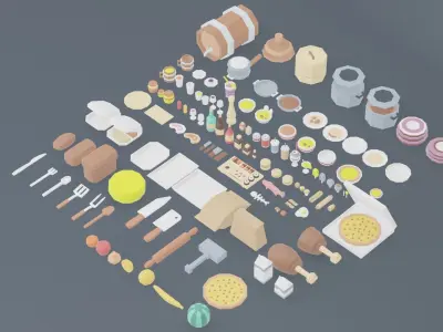 A set of products drinks kitchen utensils Low-poly 3D model