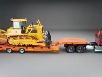 Generic Semi Truck and Low Loader Trailer with Bulldozer 3D model