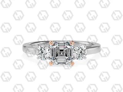 Ring 111 Asscher Shape Cathedral shank 3 stone ring with round 3D print model