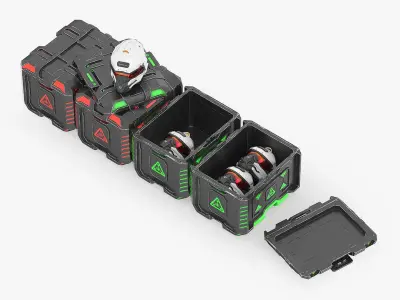 Futuristic Storage Crate with Sci-Fi Helmets 3D model