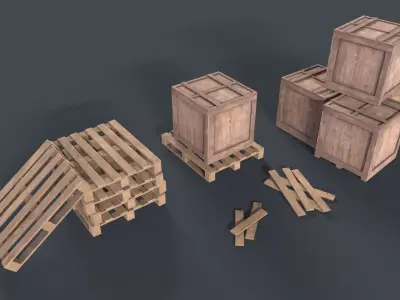 Wooden Pallet Box set game ready Low-poly 3D model