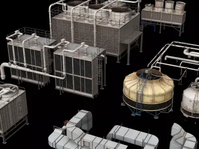 Industrial Rooftop HVAC Cooling Tower And Pipe Collection 3D model