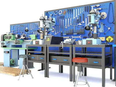 Industrial workbench garage tools and TV4 lathe drilling machine 3D model