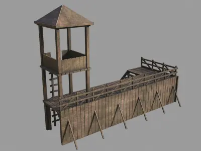 Barracks wooden structure with stairs and tower Low-poly 3D model