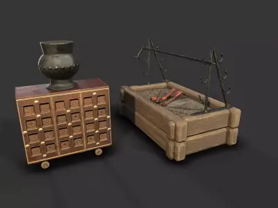 MedievalFurniture two wooden chests and vase Low-poly 3D model