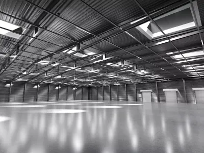 Spacious empty metal beamed Warehouse 3D model