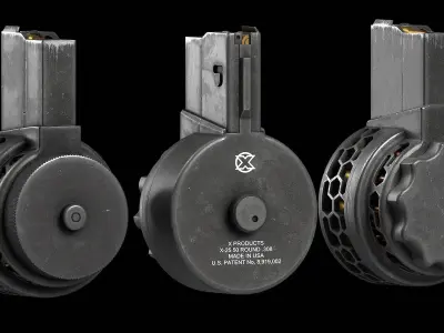 Three versions X Products X-25 50 Round Drum Magazine cal 308 Low-poly 3D model