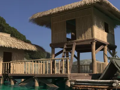 Overwater Bamboo Huts with Connecting Deck and Raft 3D model