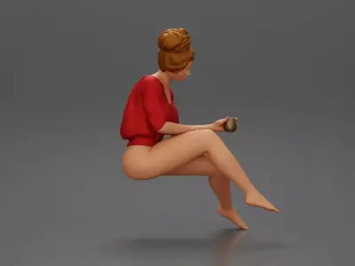 Relaxed girl in red sipping coffee enjoying a peaceful moment 3D print model