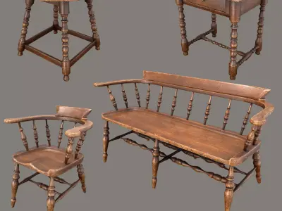 Victorian Chair Bench and Two Tables Low-poly 3D model