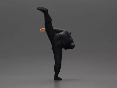 Ninja in black uniform performs high side kick with precision 3D print model