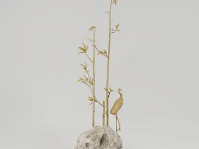 Decorative Set bronze sculpture of heron and bamboo on rock 3D model