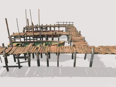 Wooden Pier With Fishing Boats 3D model