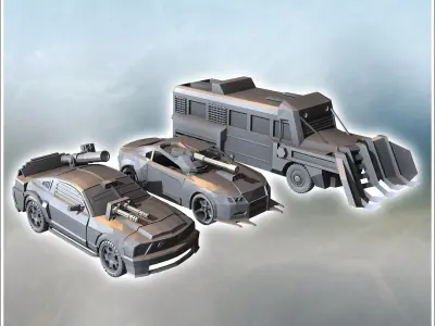 Set of three post-apocalyptic vehicles with improvised armaments 3D print model