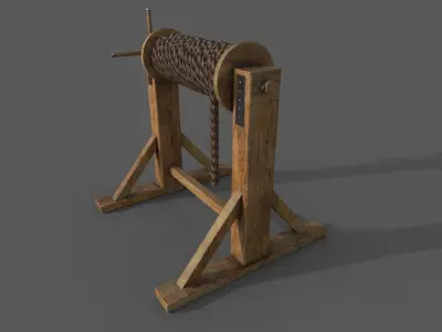 Winch low-poly 3d model wooden reel Low-poly 3D model