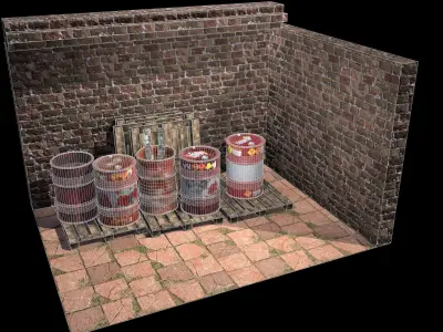Barrel brick wall with barrels Low-poly 3D model