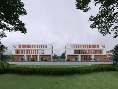 Modern Office Campus Building Complex Industrial Building Low-poly 3D model