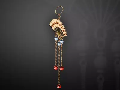 Traditional Chinese Fan Earring with Gemstones Low-poly 3D model