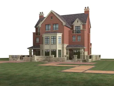 Villa brick house on grassy field 3D model