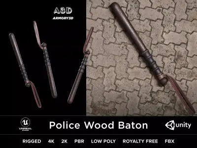 Game Ready Police Wood Baton Low-poly 3D model