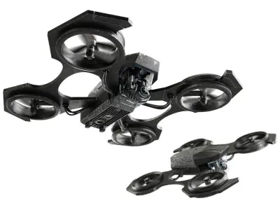 Drone quadcopter flying in sky with flames 3D model
