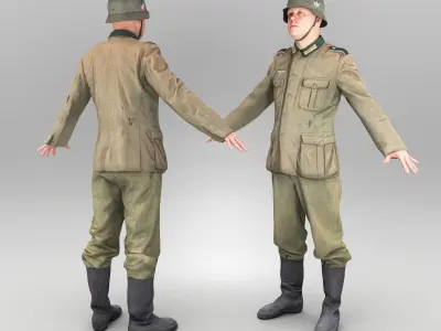 German Wehrmacht soldier in A-pose 374 Low-poly 3D model