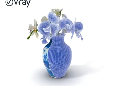 Elegant Blue Porcelain Vase with Orchids Model Pack Low-poly 3D model