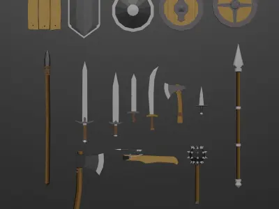 Low-poly medieval weapons and shield Low-poly 3D model